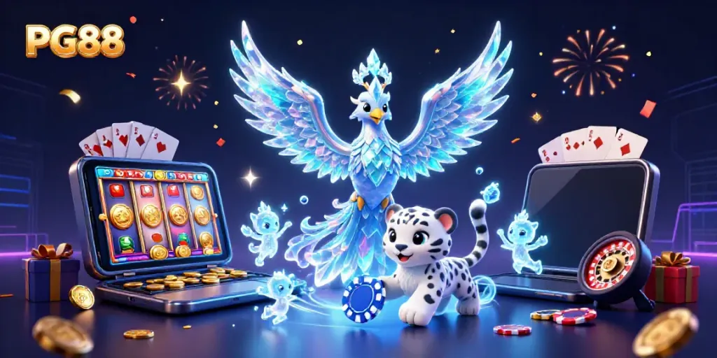 Engage with PG88's vibrant casino atmosphere featuring a phoenix, snow leopard cub, and animated sprites.