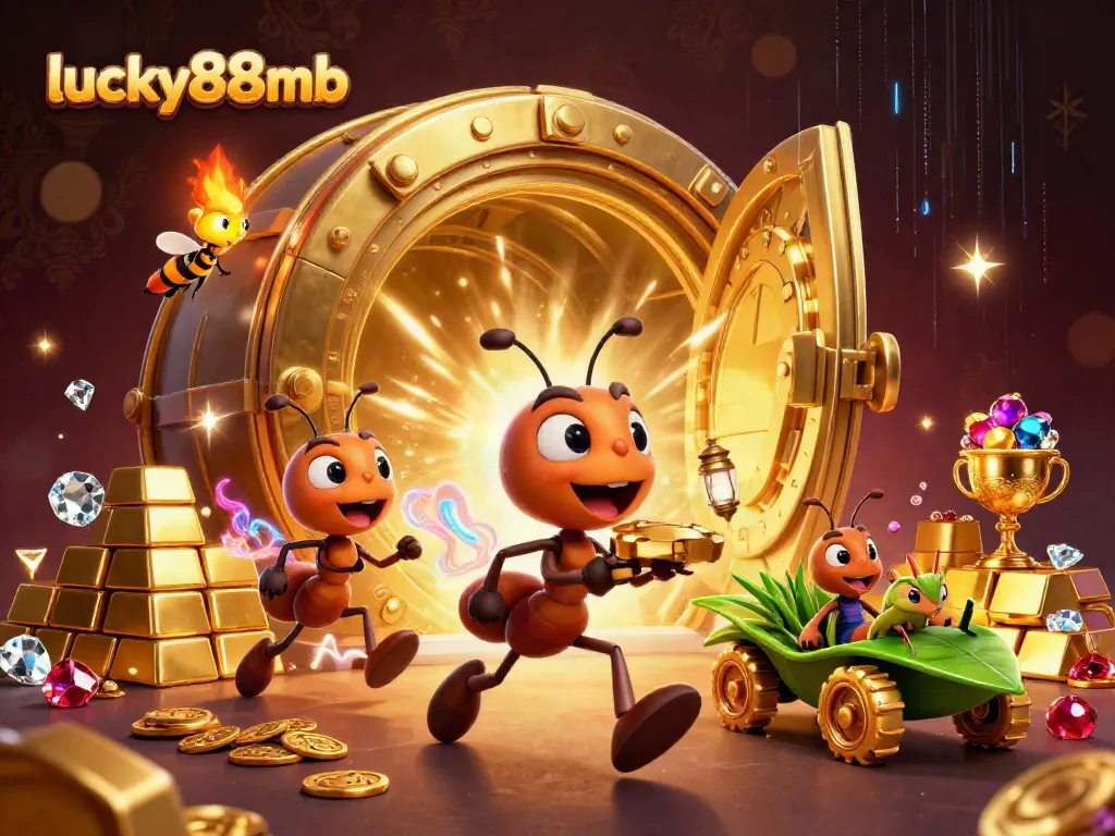 Engage with lucky88mb's thrilling heist scene featuring ants, golden poker chips, and treasure galore.