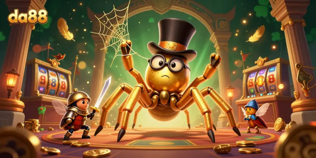 Experience exhilarating gameplay with the da88 giant tarantula and beetle knight in this vibrant casino scene.