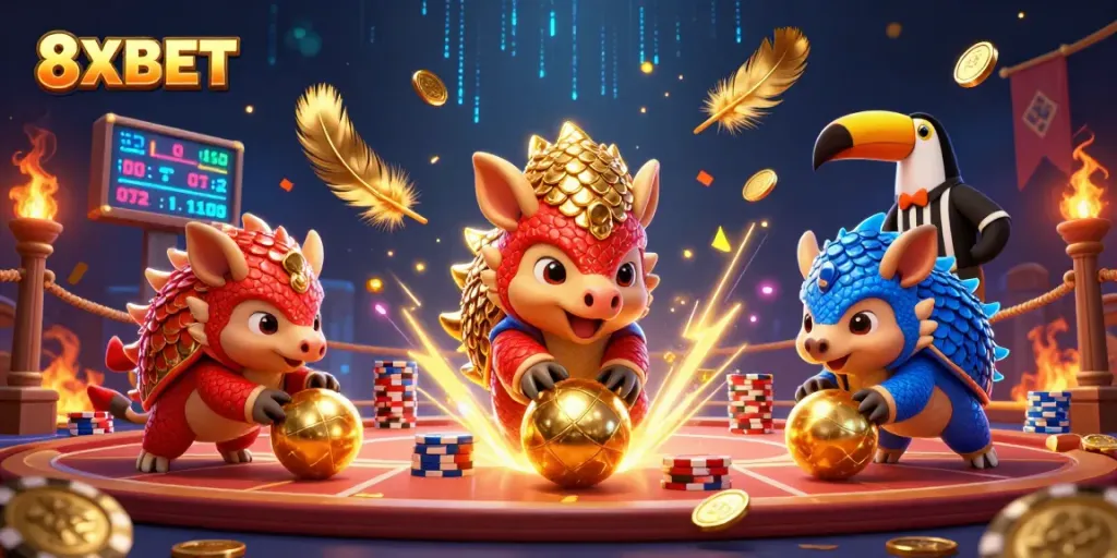 Experience the thrilling action of 8XBET with vibrant pangolins scoring through golden poker chips in an electrifying casino
