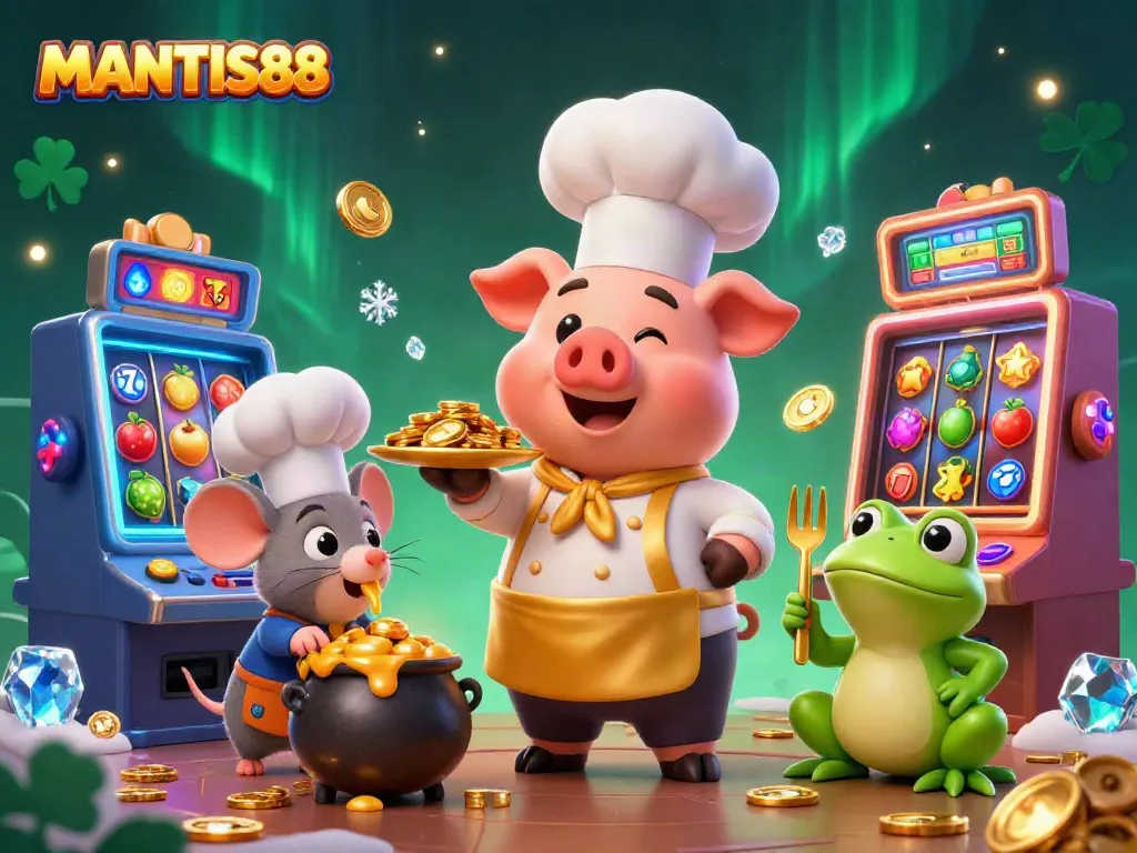 MANTIS88 welcomes players with a festive scene featuring a pig chef serving gold coins, slot machines, and vibrant game elements.