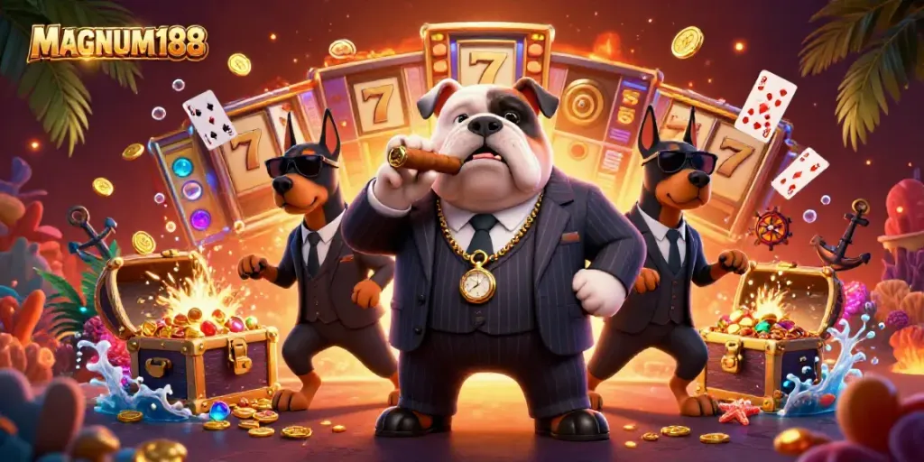 Experience MAGNUM188 excitement with a vibrant 3D illustration featuring a mafia bulldog and treasures.