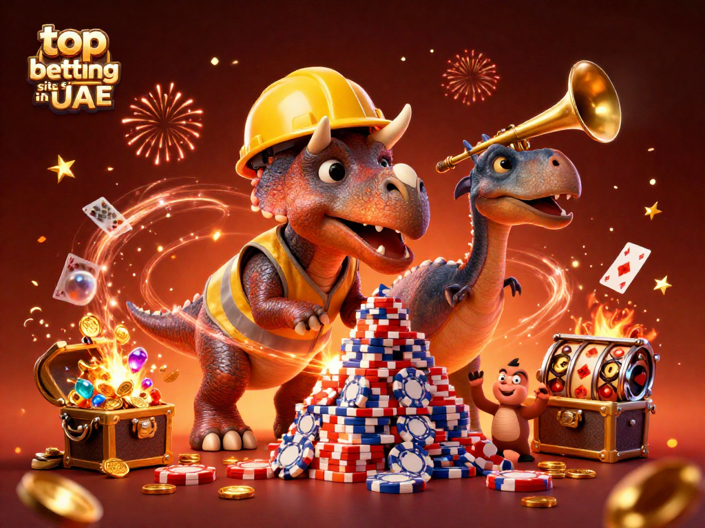 Experience the excitement of top betting sites in UAE with a dynamic 3D casino scene filled with cheerful characters and vibrant gaming elements.