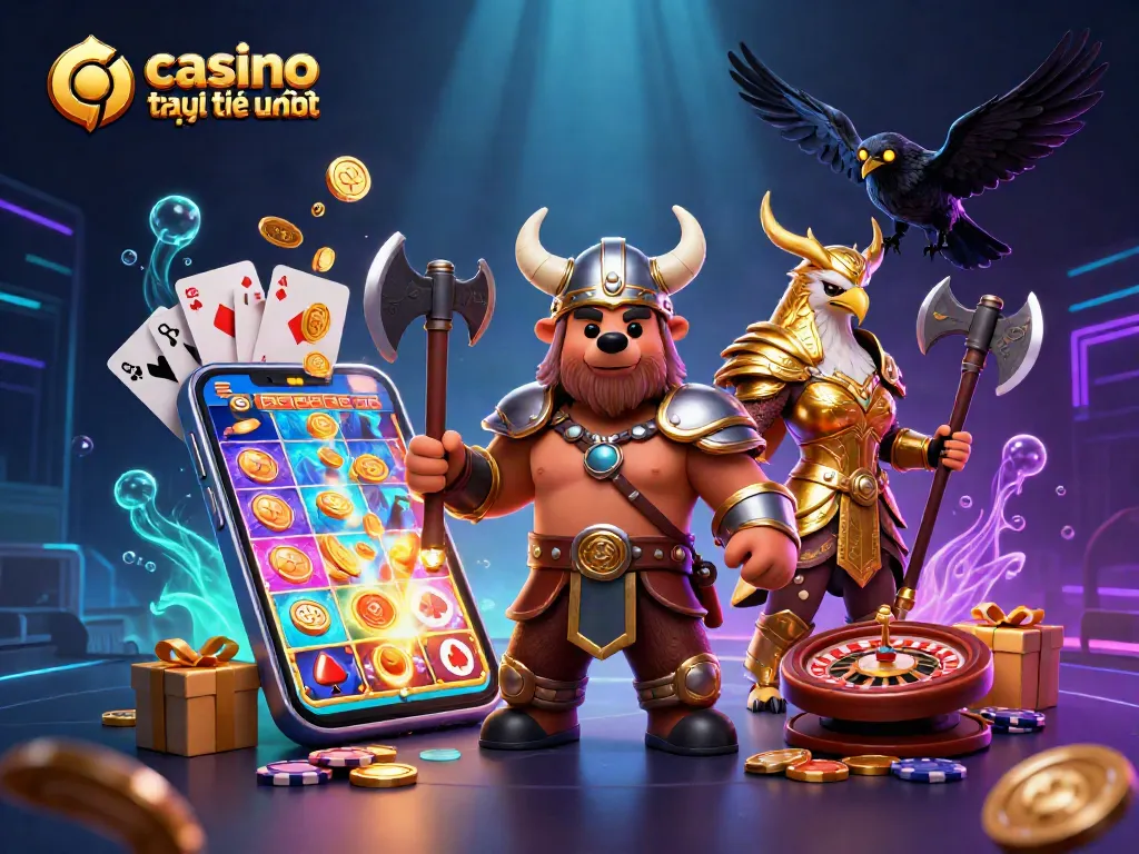 Hình ảnh mô tả cảnh đánh bạc với casino trực tuyến uy tín, có gấu Viking, đại bàng Valkyrie và các yếu tố trò chơi.