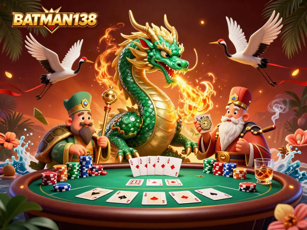 BATMAN138 dan naga hijau besar bermain hal menarik di meja poker dalam ilustrasi menarik.