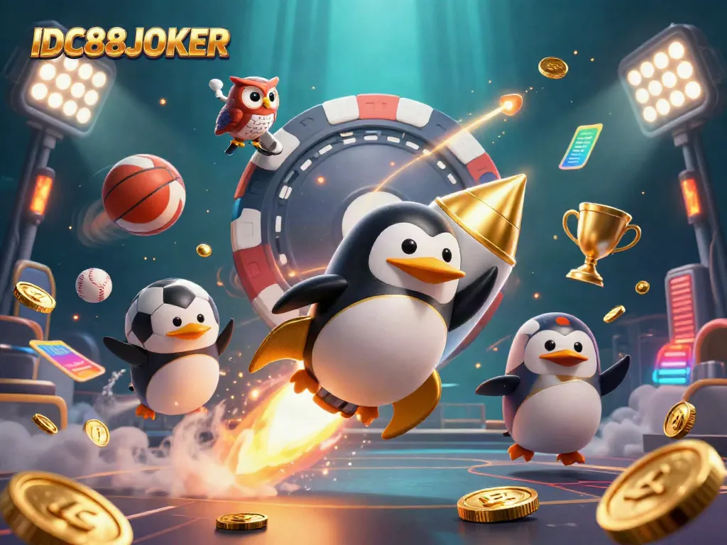 Experience the thrill of IDC88JOKER with a golden penguin racing towards a giant poker chip station