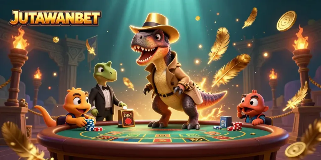 Experience thrilling gaming with JUTAWANBET's vivid depiction of strategy and cunning in a colorful casino setting.