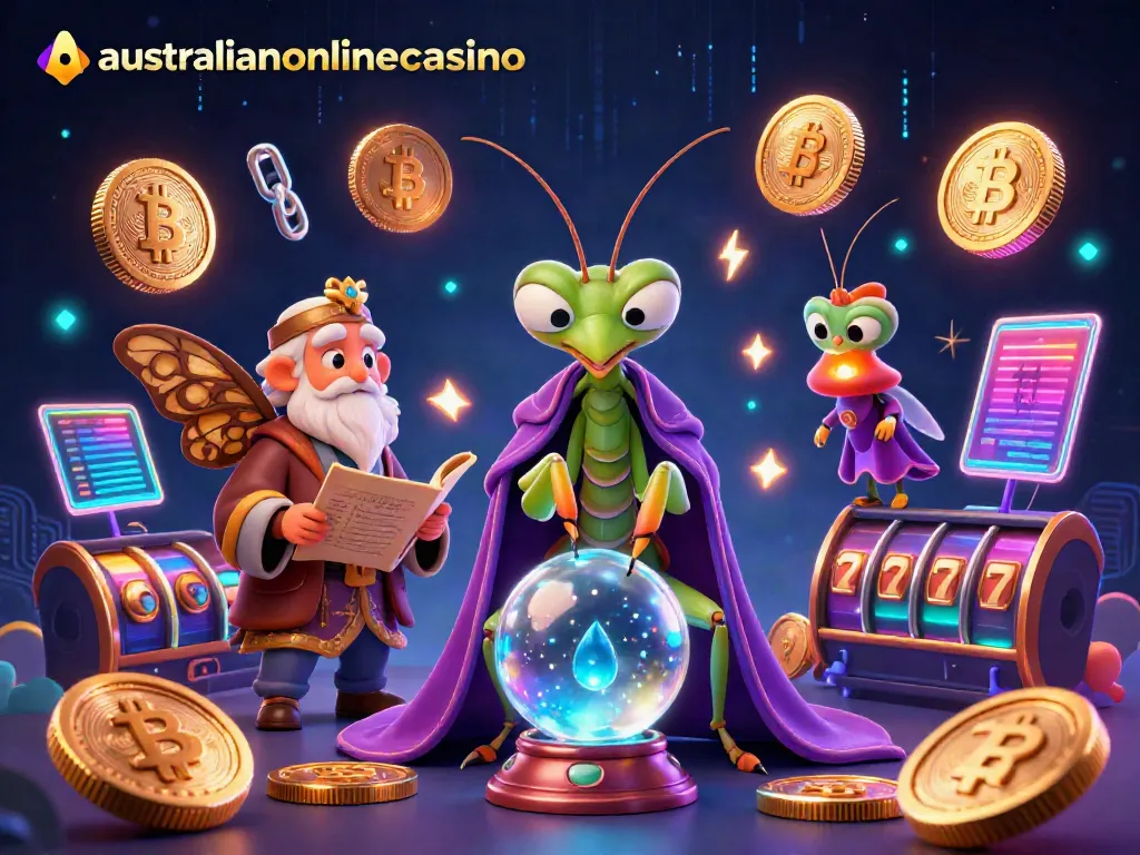 Engage with australianonlinecasino's vibrant casino scene featuring a fortune teller, a moth librarian, and exciting gaming visuals.