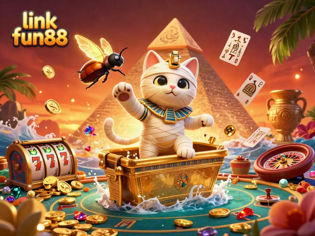 Engage with the exciting world of 'link fun88' featuring a dynamic casino scene with a mummy cat and treasures.
