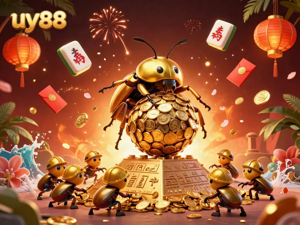Experience the excitement of uy88 with a dynamic 3D scene showcasing casino symbols and golden coins.