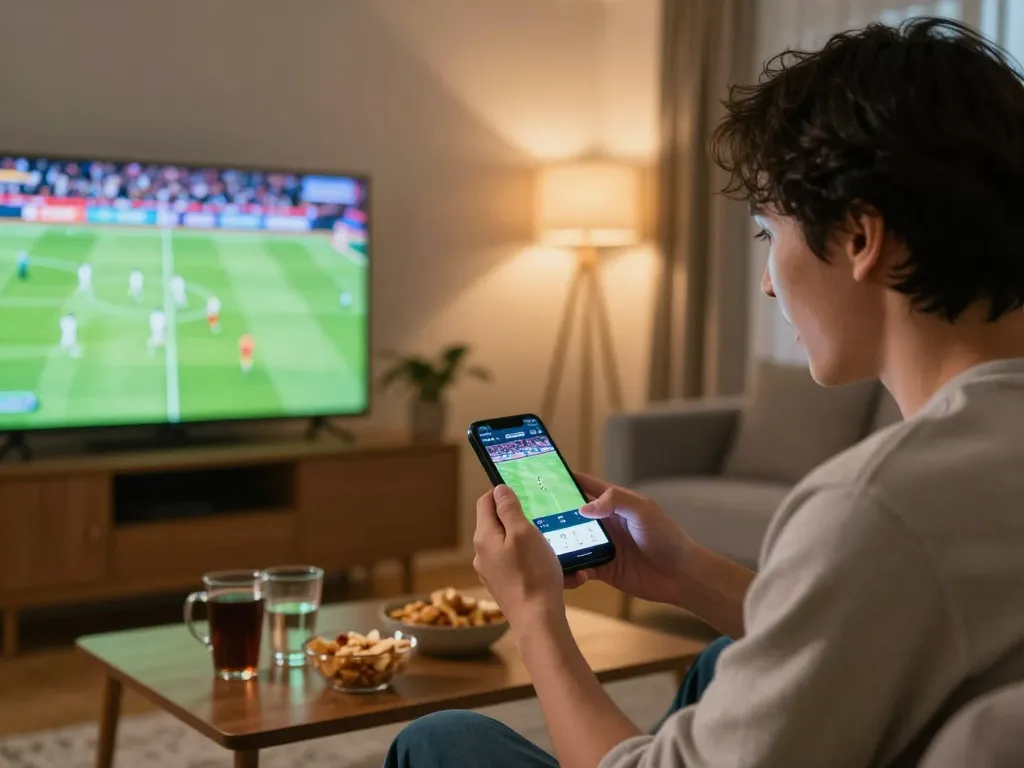 Person engaging with betting app on CAKHIATV while watching a live football match, illustrating sports betting excitement