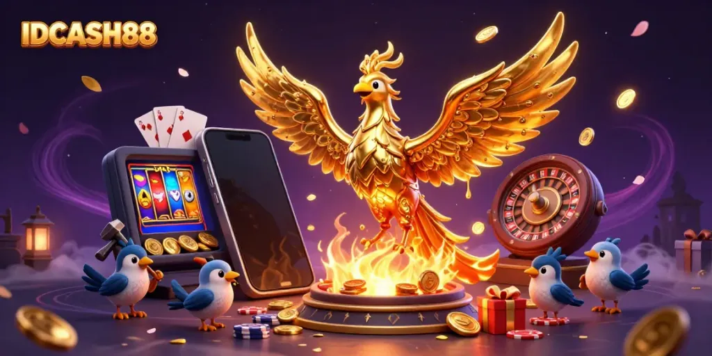 Experience thrilling gameplay at IDCASH88 with a majestic golden phoenix rising amidst slot game excitement and enchanted elements.