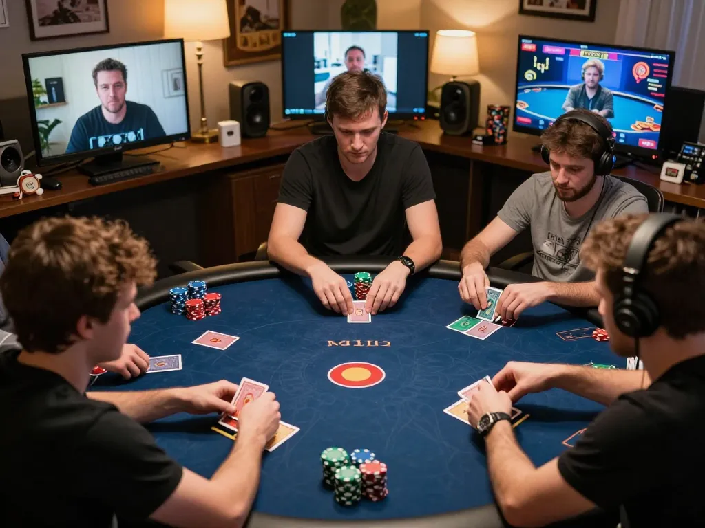 Players engaging in an online poker game strategy session, showcasing 789pp action with vibrant elements