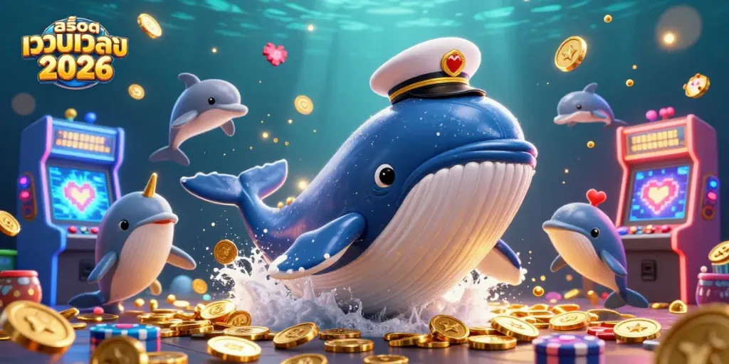 การเล่นเกม สล็อตเว็บตรง 2026 โดยมีวาฬ 3D ขนาดใหญ่เป็นกัปตันอยู่ท่ามกลางเหรียญทองคำ