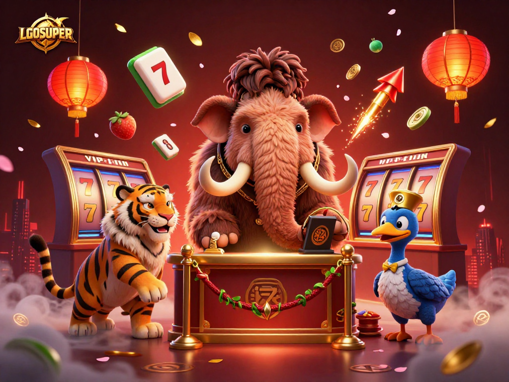 Experience the LGOSUPER thrill with dynamic slot reels and vibrant casino characters.