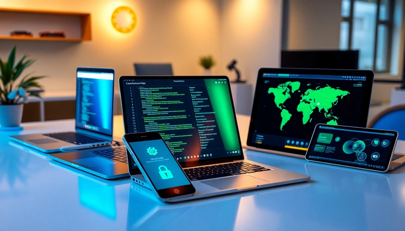 快连下载 app interface displayed on various devices in a modern workspace, symbolizing connectivity and security.
