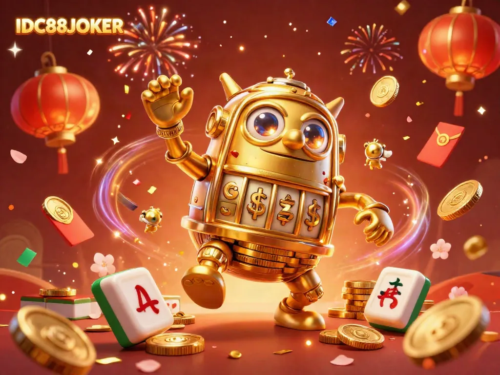 Experience thrilling games at IDC88JOKER with a dynamic 3D illustration of a golden golem and festive gaming elements.