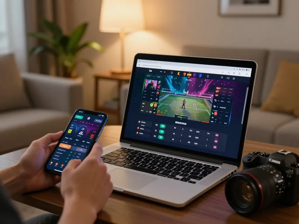 Betting on esports through mk8th online platform on a cozy living room setup.