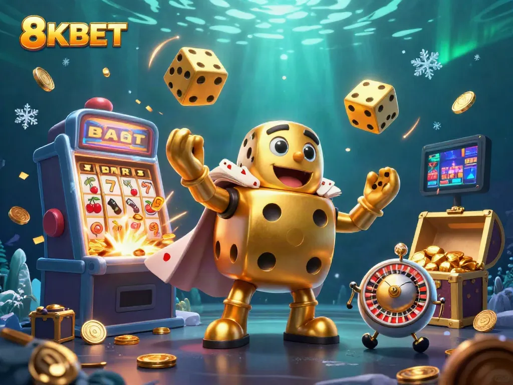 Engage with thrilling gaming at 8KBET, a vibrant 3D scene showcasing golden dice and dynamic casino elements for maximum excitement.