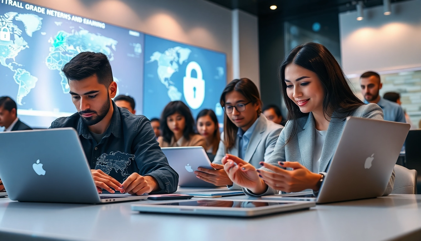 快连下载 showcasing professionals using secure technology in a dynamic workspace.