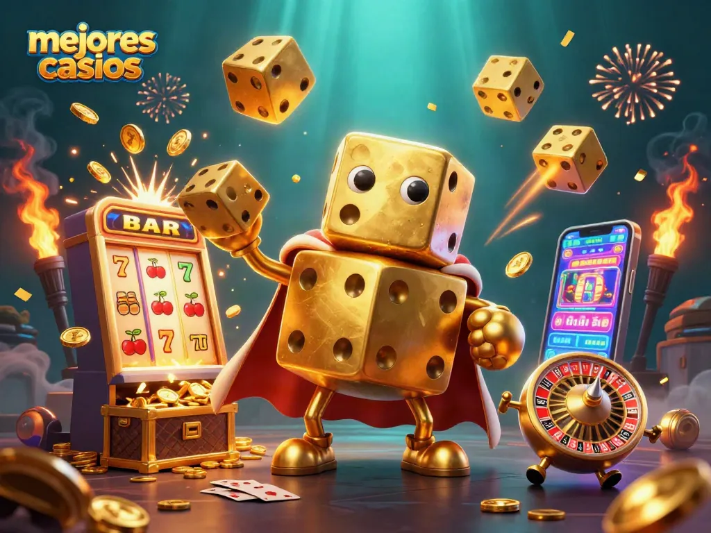 Explora los mejores casinos en una escena llena de acción, con dados dorados y una máquina tragamonedas explosiva.