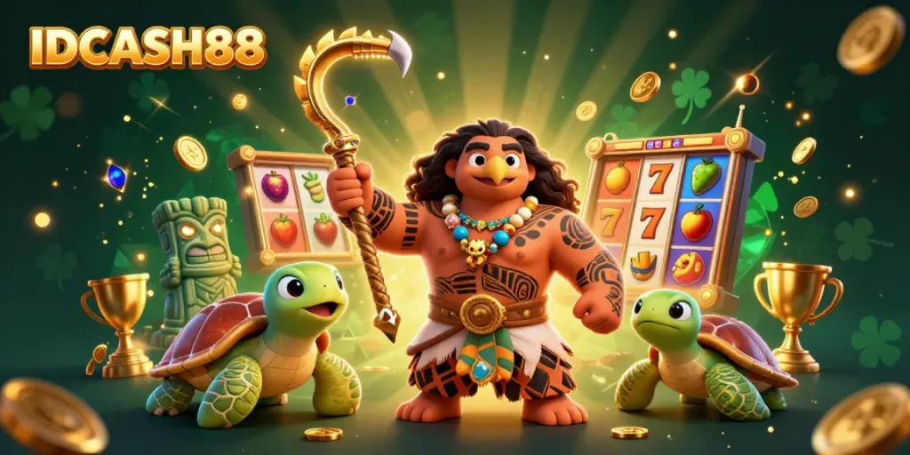 Experience thrilling gameplay at IDCASH88, with colorful slot reels and animated characters in an engaging casino scene.