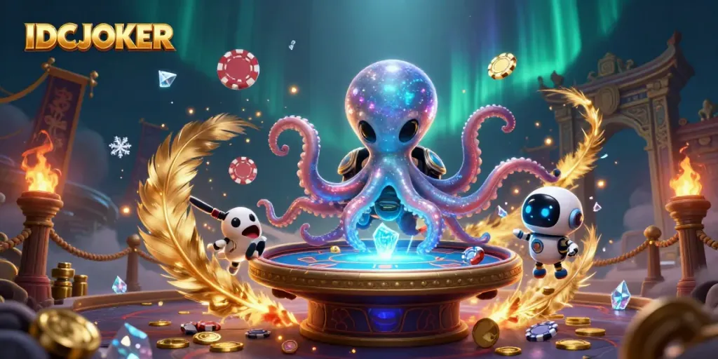 Play poker with IDCJOKER's 3D alien octopus in a vibrant, cosmic casino setting.
