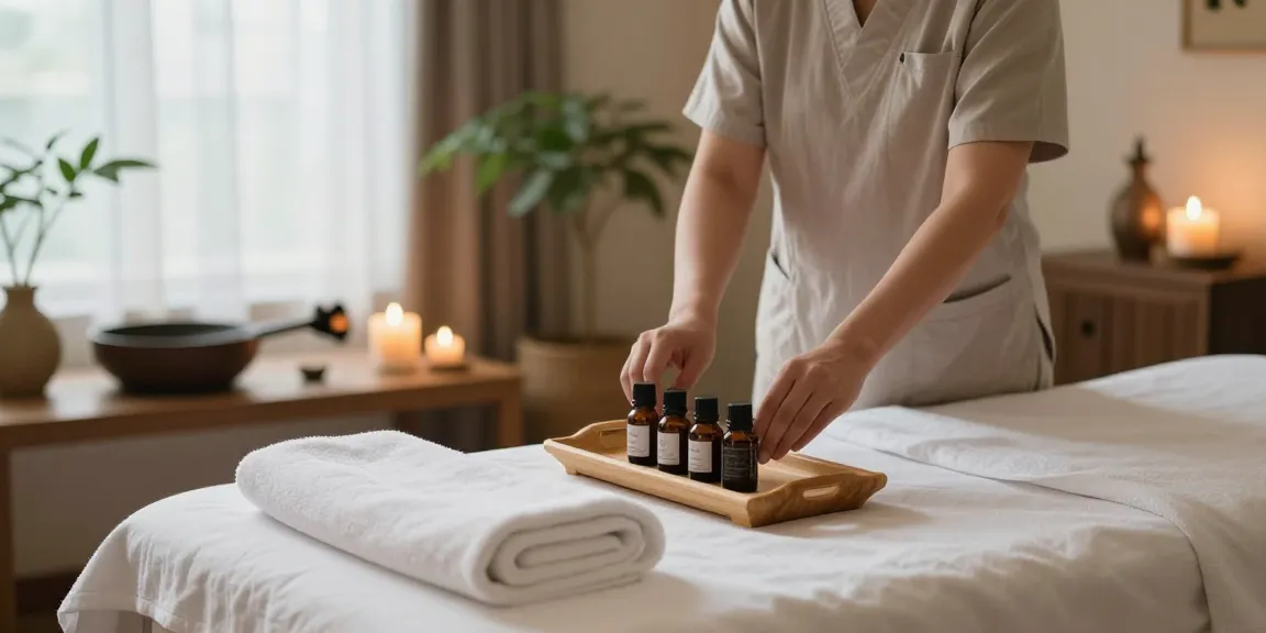 Relaxing 마포출장안마 spa scene with therapist preparing essential oils and calming ambiance.