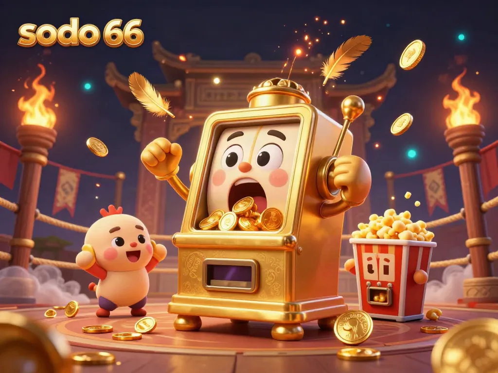 Experience the thrill of sodo 66 with a 3D golden slot machine celebrating a jackpot amidst dynamic casino elements.