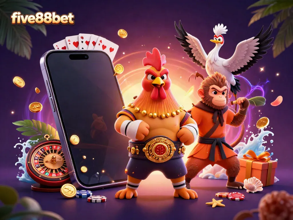 Engage with five88bet's vibrant casino atmosphere featuring a cartoon rooster, monkey, and crane amid exciting gaming elements.