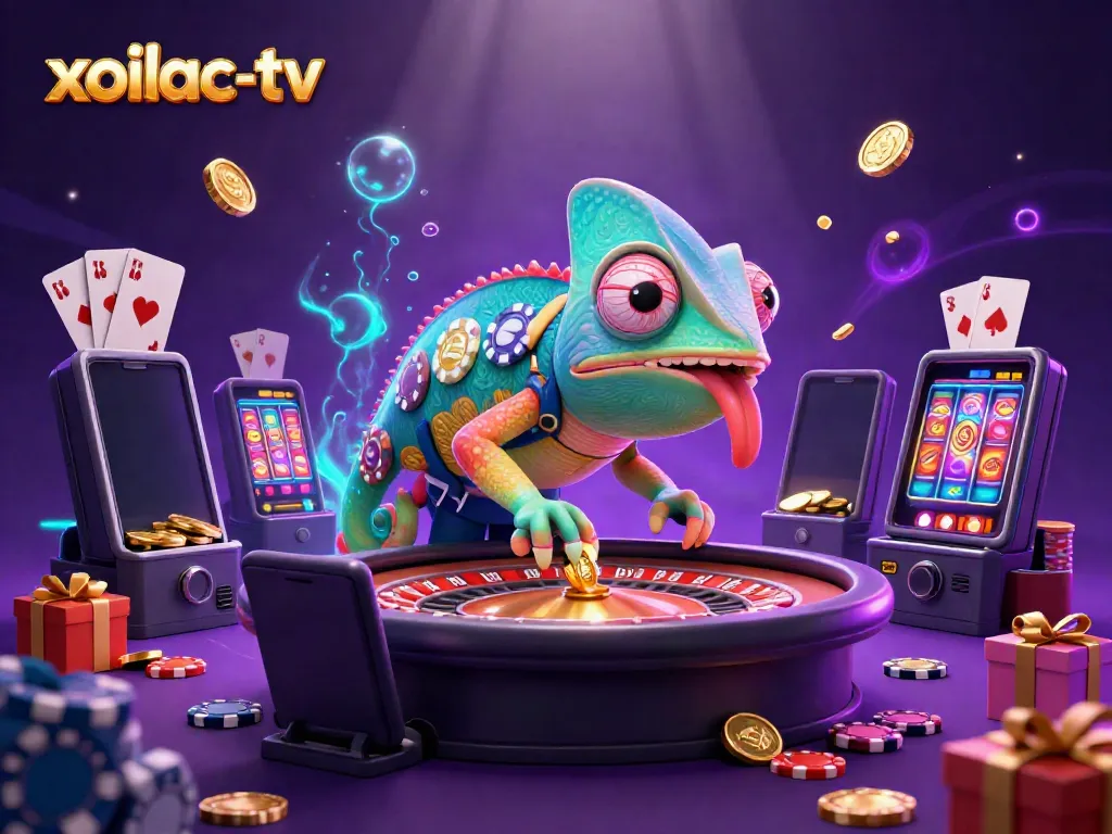 Experience the excitement of xoilac-tv with a chameleon casino owner amidst golden coins and vibrant games.