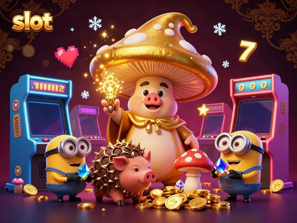 Experience thrilling slots with the magical mushroom wizard and vibrant elements in this 3D illustration.