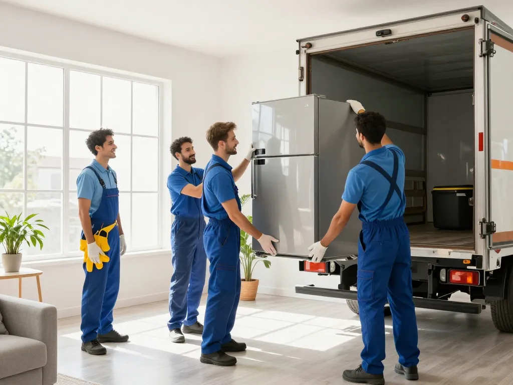 Professional appliance removal in a bright living room, focusing on safe and efficient handling of large items.