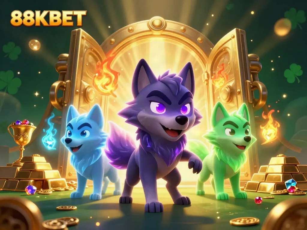 Engage with thrilling 88KBET casino games featuring ghostly wolves and treasure-filled scenes