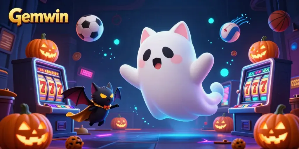 Experience Gemwin's vibrant ghost cat and vampire bat in this haunted casino scene filled with playful slot elements.