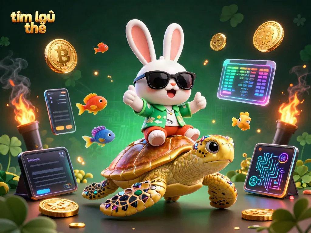 Engage with the vibrant world of gambling as you find out more at "tìm hiểu thêm" featuring a lucky rabbit and golden turtle in this colorful scene.