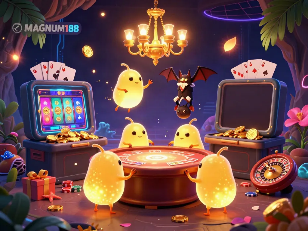Experience the vibrant energy of MAGNUM188's casino, illuminated by bioluminescent glowworms, featuring slot games and dynamic casino elements.
