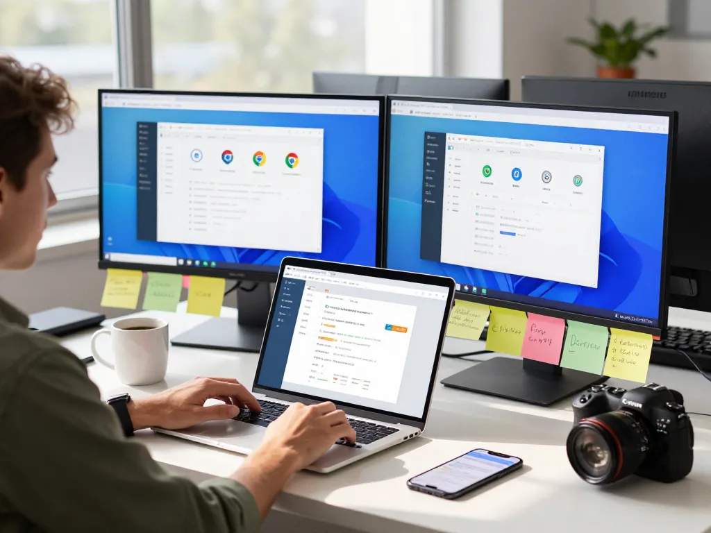Dynamic workspace with Google Chrome browser in action, showcasing productivity tools and seamless data synchronization.