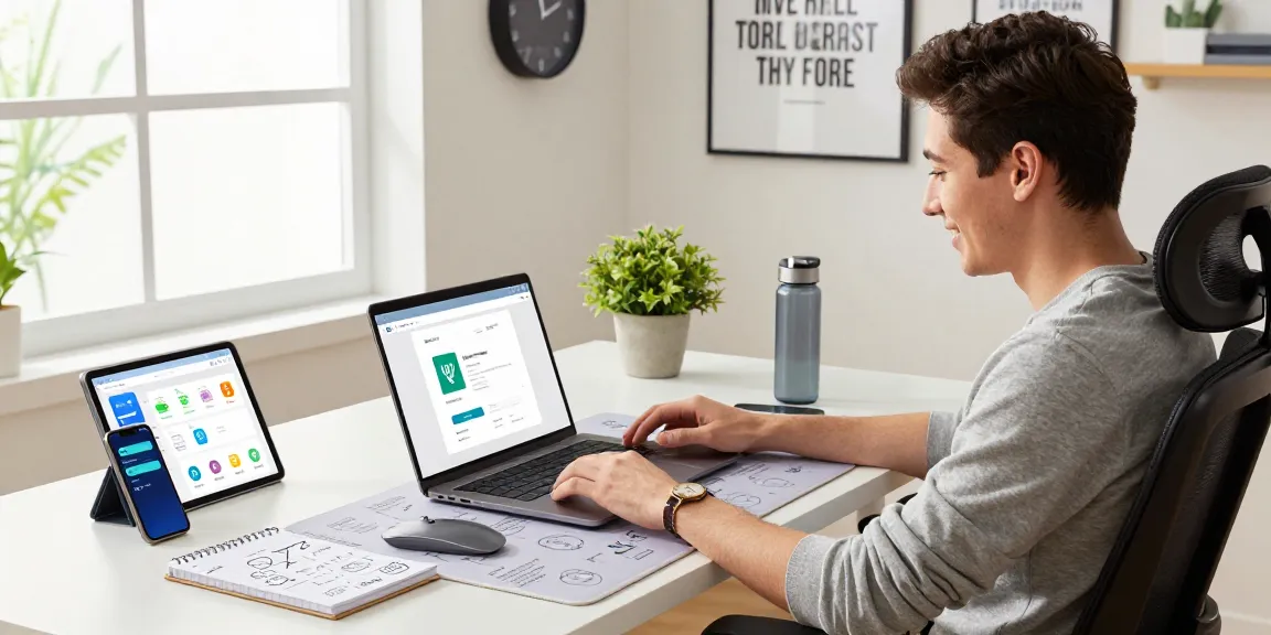 Download WPS Office in a modern home office with vibrant tech tools and inspiration.
