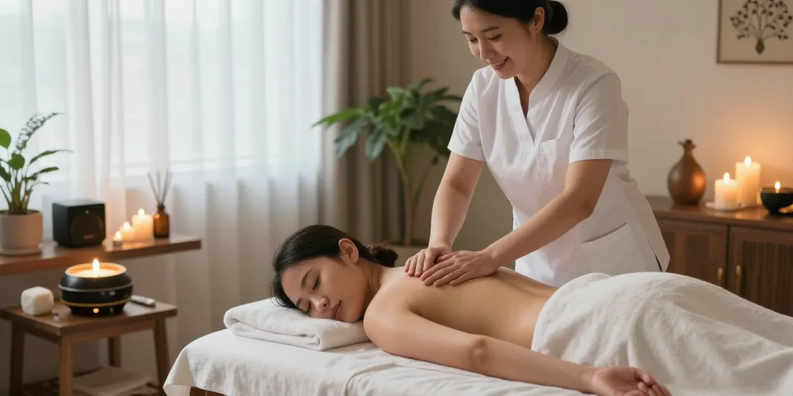 Relaxing 고양출장마사지 therapy session in a tranquil spa setting with essential oils and soft lighting.
