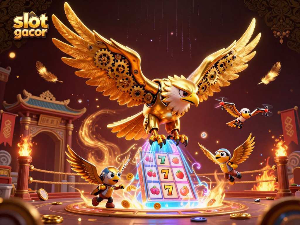 Experience excitement with slot gacor surrounded by golden coins and vibrant casino elements.