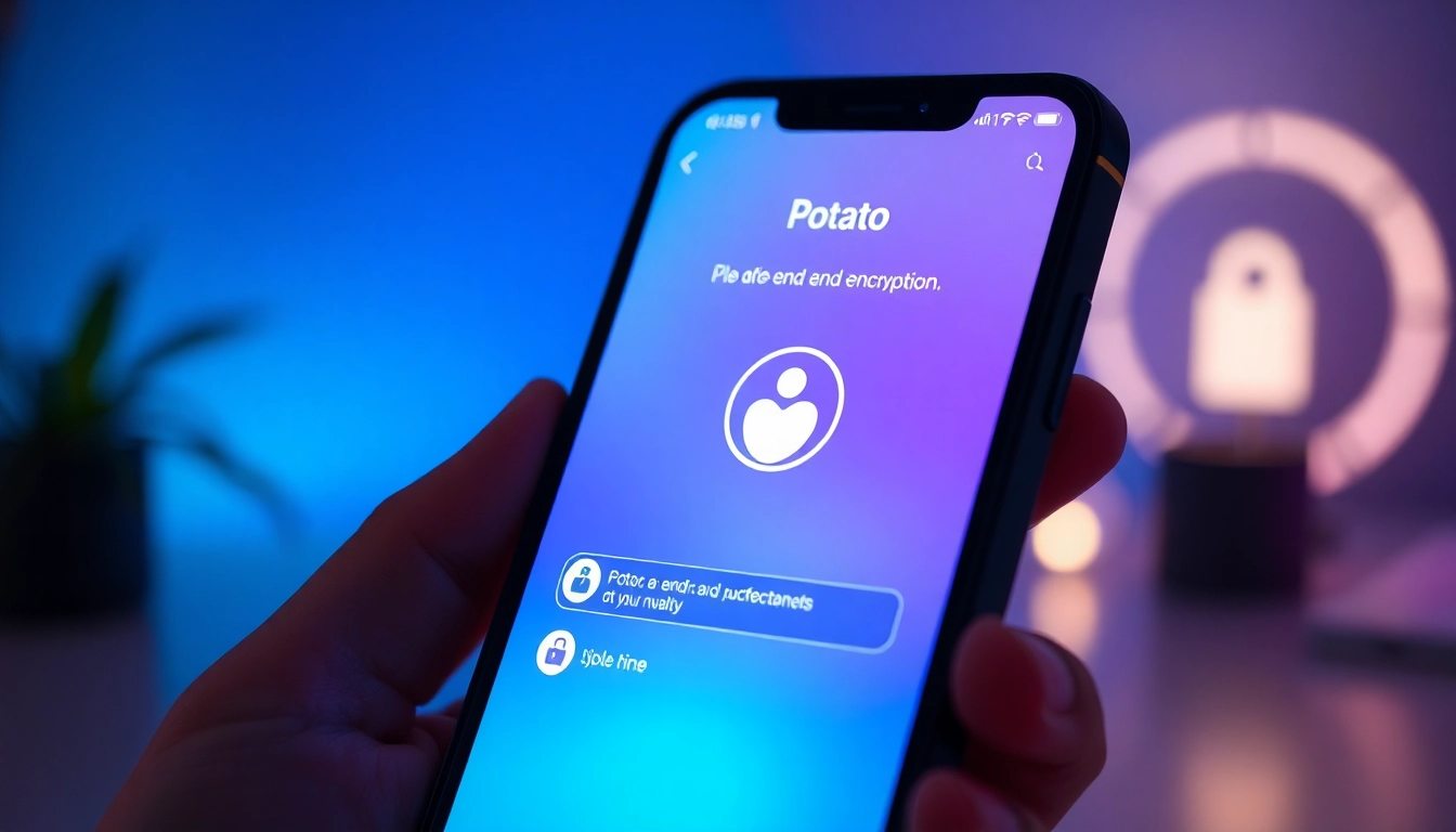 Potato app interface showcasing advanced security features on a smartphone screen with digital encryption symbols.