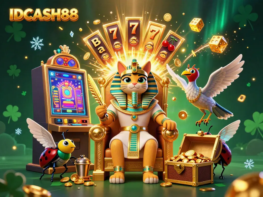 Experience the thrill of IDCASH88 with an energetic 3D scene featuring a royal pharaoh cat amidst vibrant casino elements.