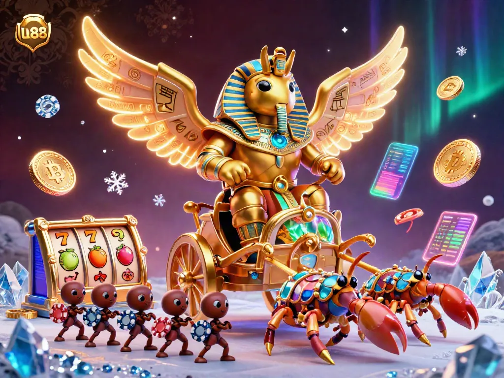 Experience thrilling gameplay at lu88 with a dynamic scene featuring a massive scarab beetle and scorpions amid slot reels and crypto coins.