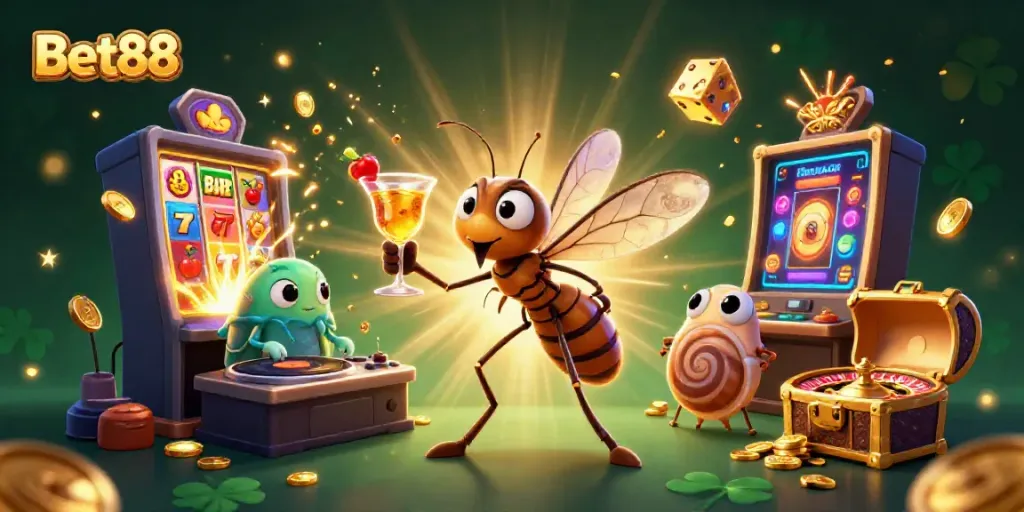 Experience the excitement of Bet88 with vibrant casino elements, including a cocktail mascot and jackpot machines.