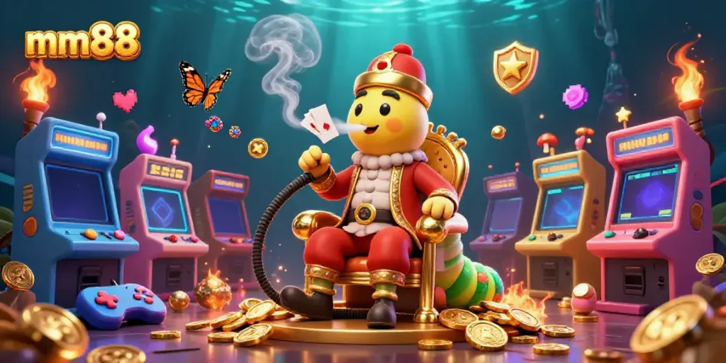 Engage in thrilling mm88 gaming experiences with a vivid 3D illustration of a casino-themed scene.