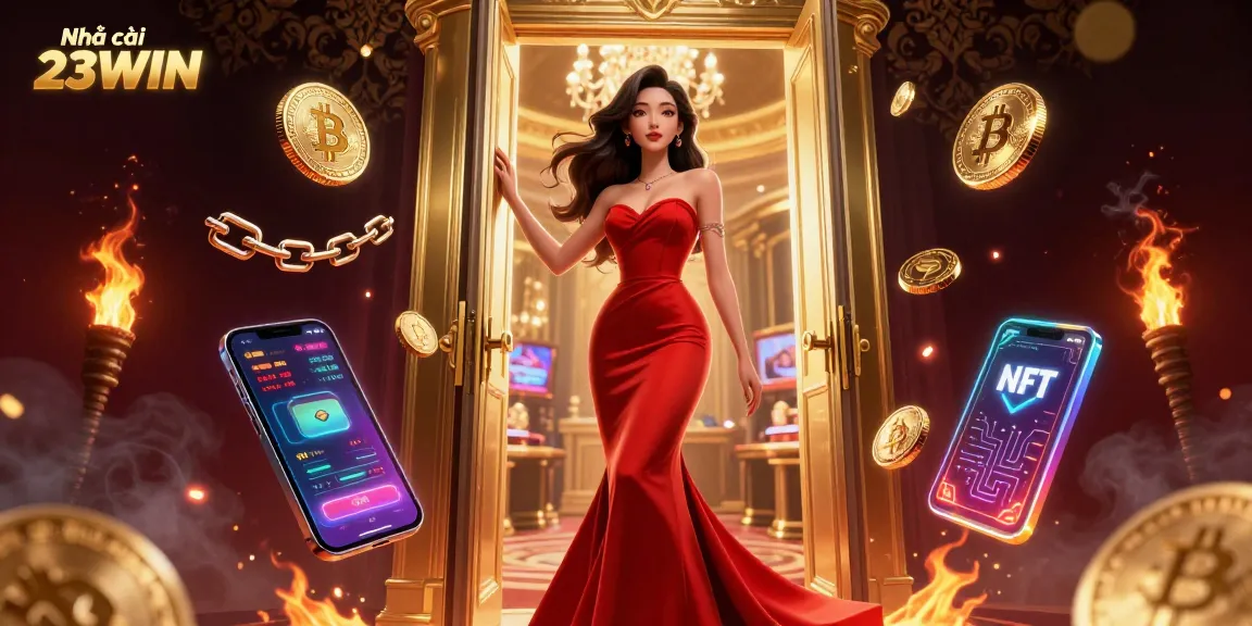 Bet on Nhà cái 23WIN at a vibrant casino scene, where a stunning woman stands beside glowing crypto elements.
