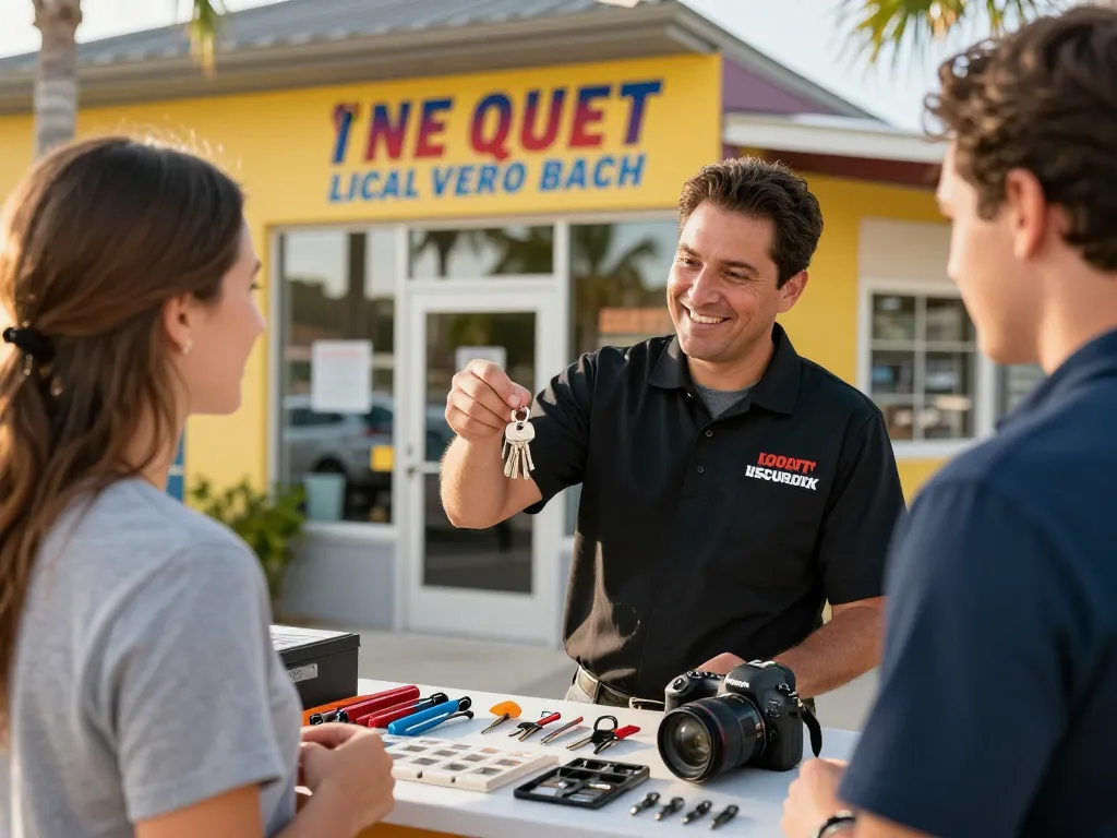 Local locksmith Vero Beach assists a customer with security solutions outside their storefront.