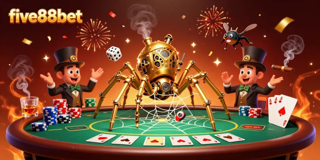 Experience thrilling action with five88bet's steampunk spider and poker scene, capturing the excitement of gambling.