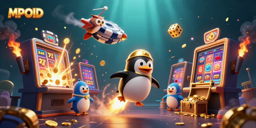 Experience MPOID's thrilling world as golden penguins blast through space towards a vibrant casino!